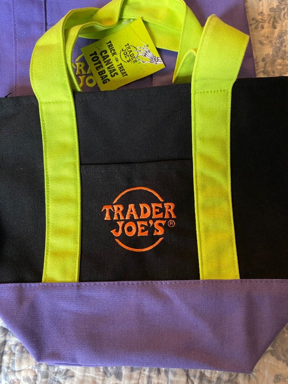 NWT Trader Joe's Fall Set of 3 Canvas Mini Tote Bags Purple Orange Black Multi